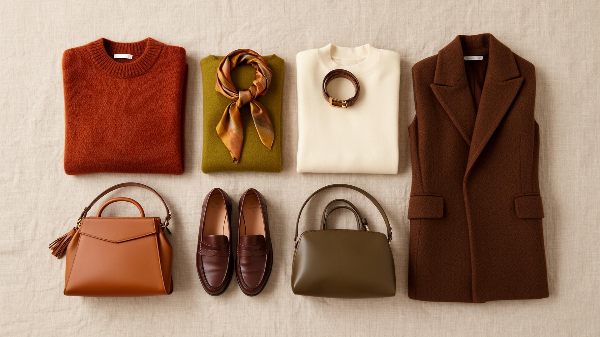 Garde-robe coordonnée vue de dessus : pulls, sacs, mocassins, blazer dans une palette automnale